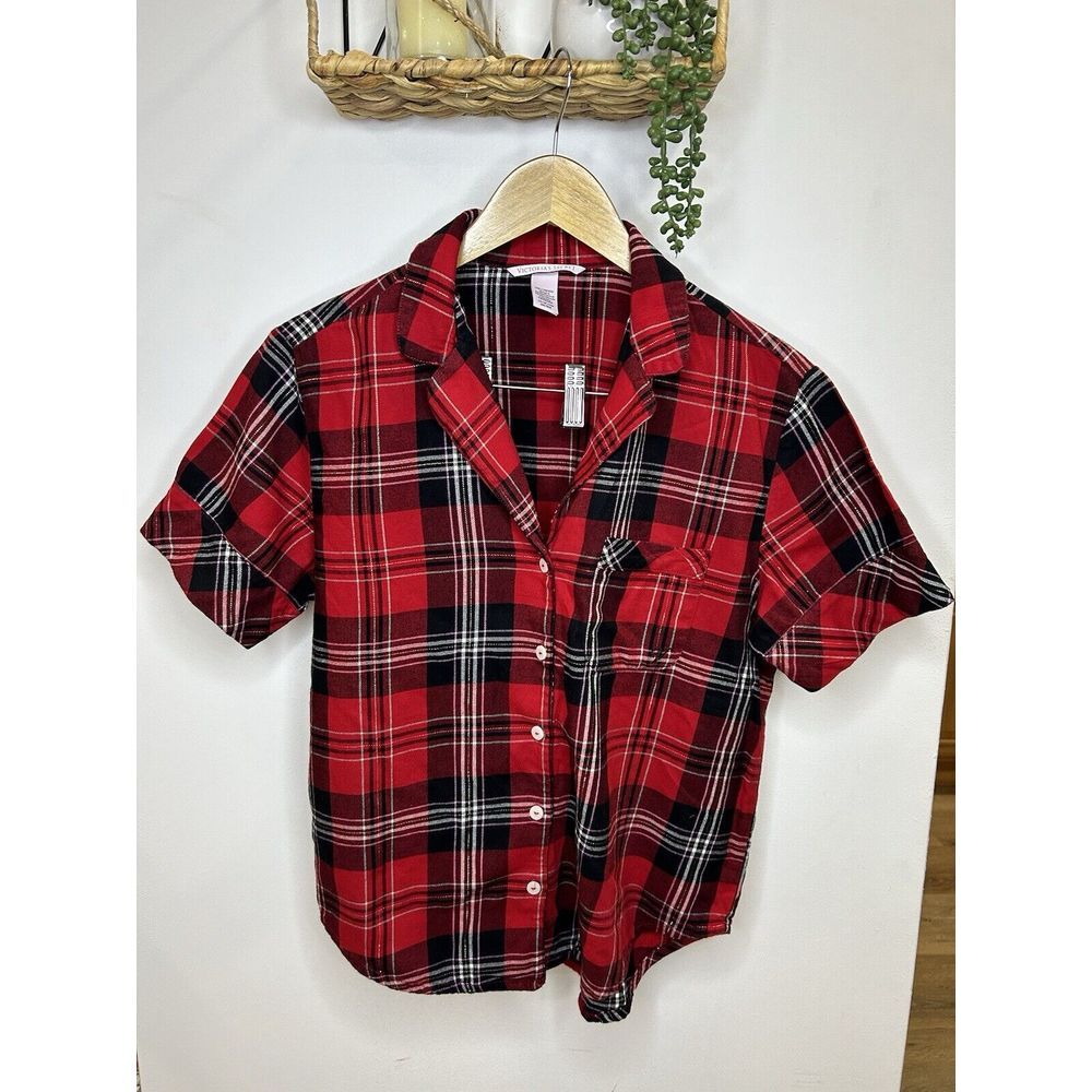 Victoria's Secret cotton blend Plaid Sleepwear Top Shirt only‎ Red  S